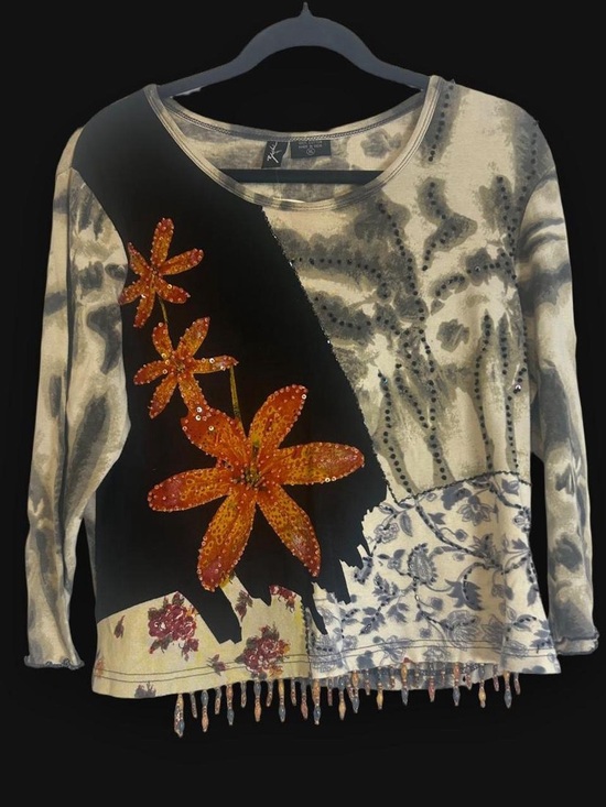 Yves Saint Laurent Tops - Y2K Women's Floral Embellished Long Sleeve Top - Orange/Black